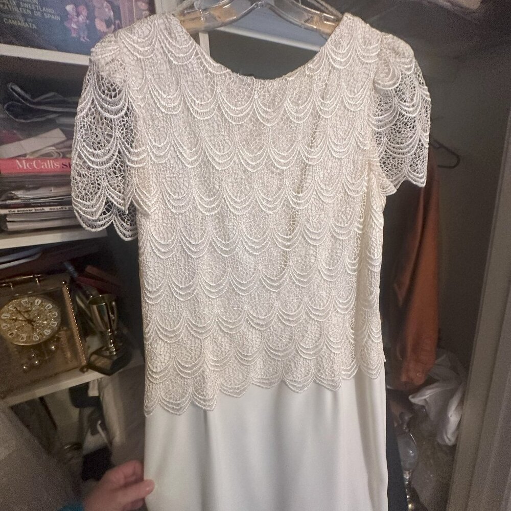 After Dark White shift dress with lacy overlay at the top